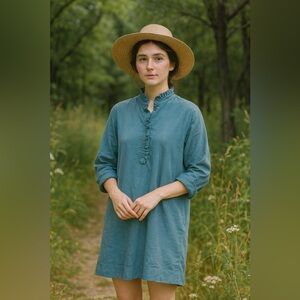 ANN MASHBURN Blue Textured Cottage Core Shirt Dress Lagenlook Size Small